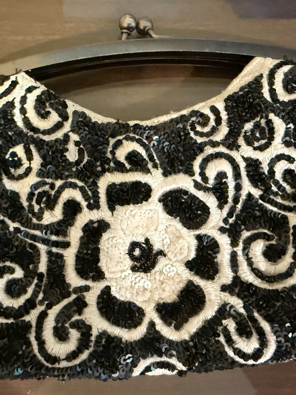 White House Black Market Black and White Sequin Floral Clutch